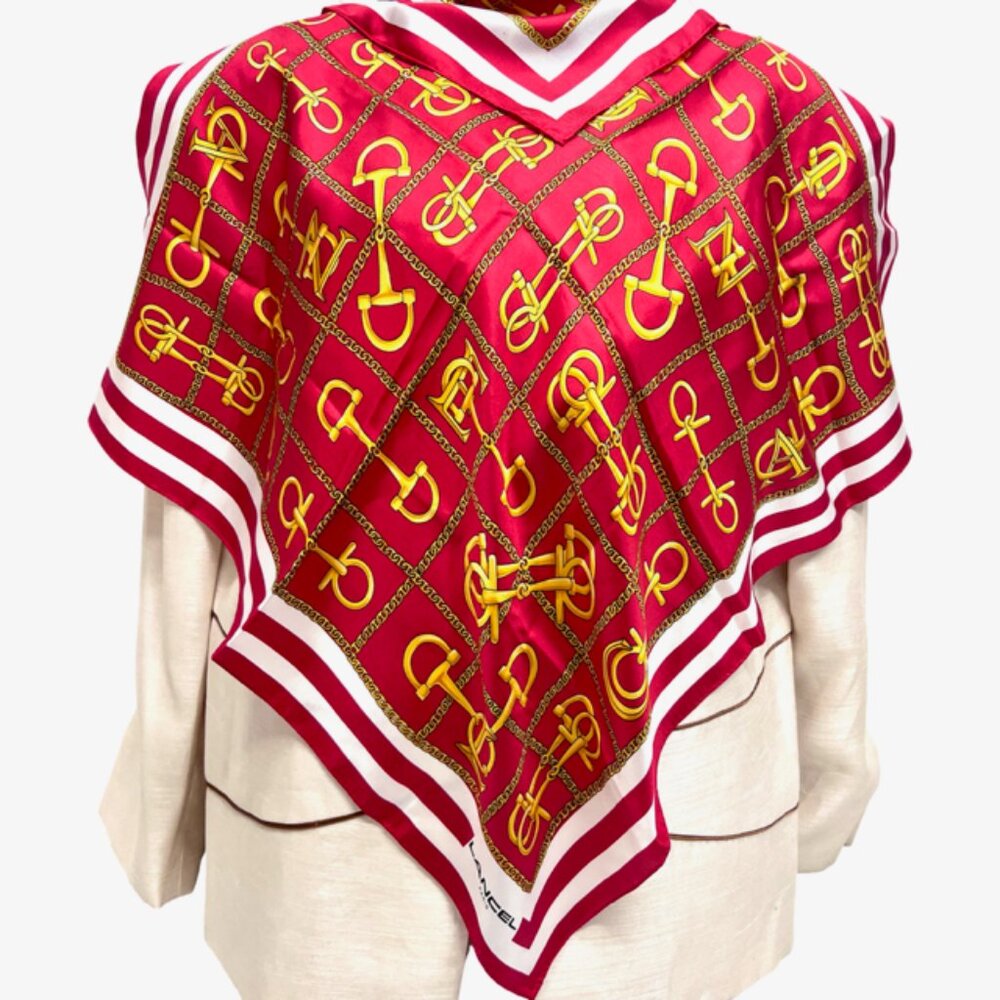 New Unused Lancel Paris 100% Silk Satin Scarf 23" red white gold chain  (77